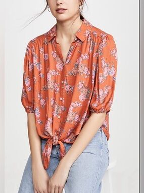 Free People Celia Floral Print Tie Front Blouse Size Small